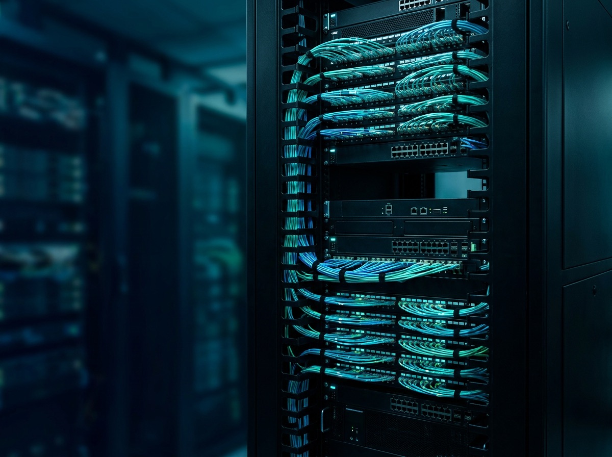 Neatly cabled business network rack with glowing fiber connections