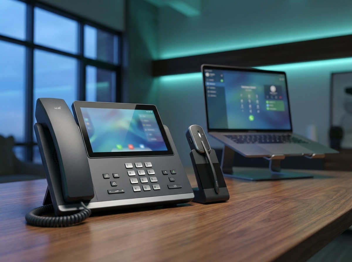 Modern VoIP desk phone and headset in a small business office